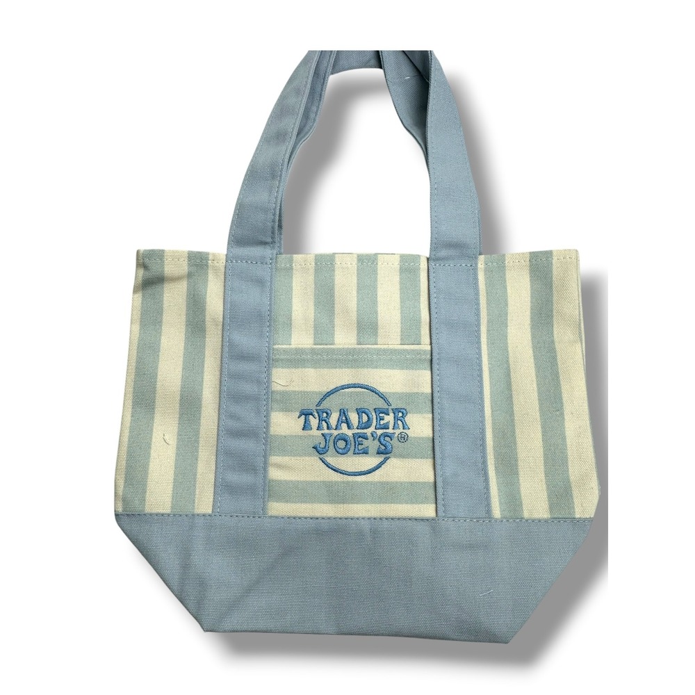 Trader Joes Striped Mini Canvas Tote Bag Set of 4 Pink Blue Green Tan NWT - Picture 3 of 7